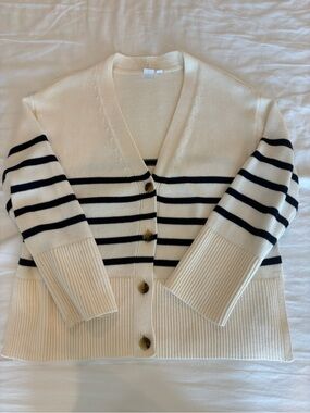 GAP Cream and Navy Striped V-Neck Button Cardigan